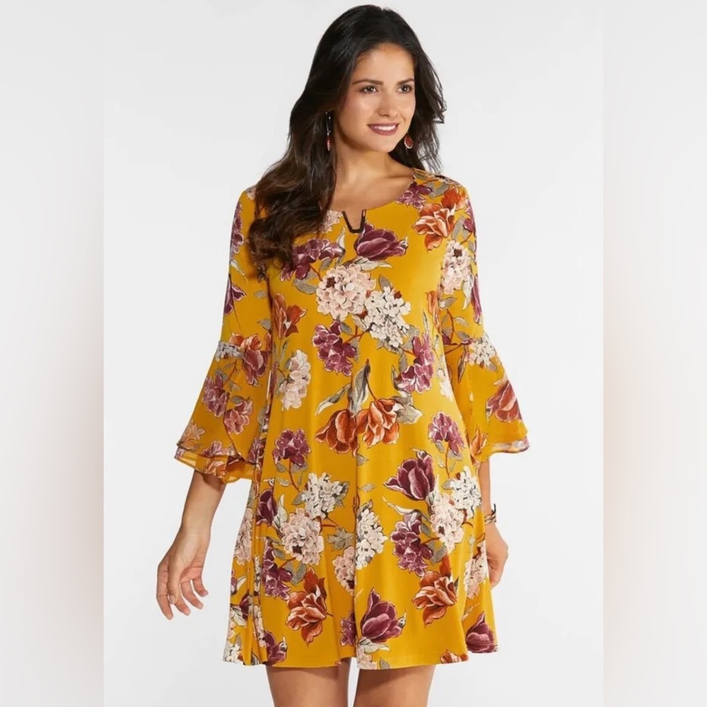 Cato Yellow/Gold Floral swing/Trapeze Dress